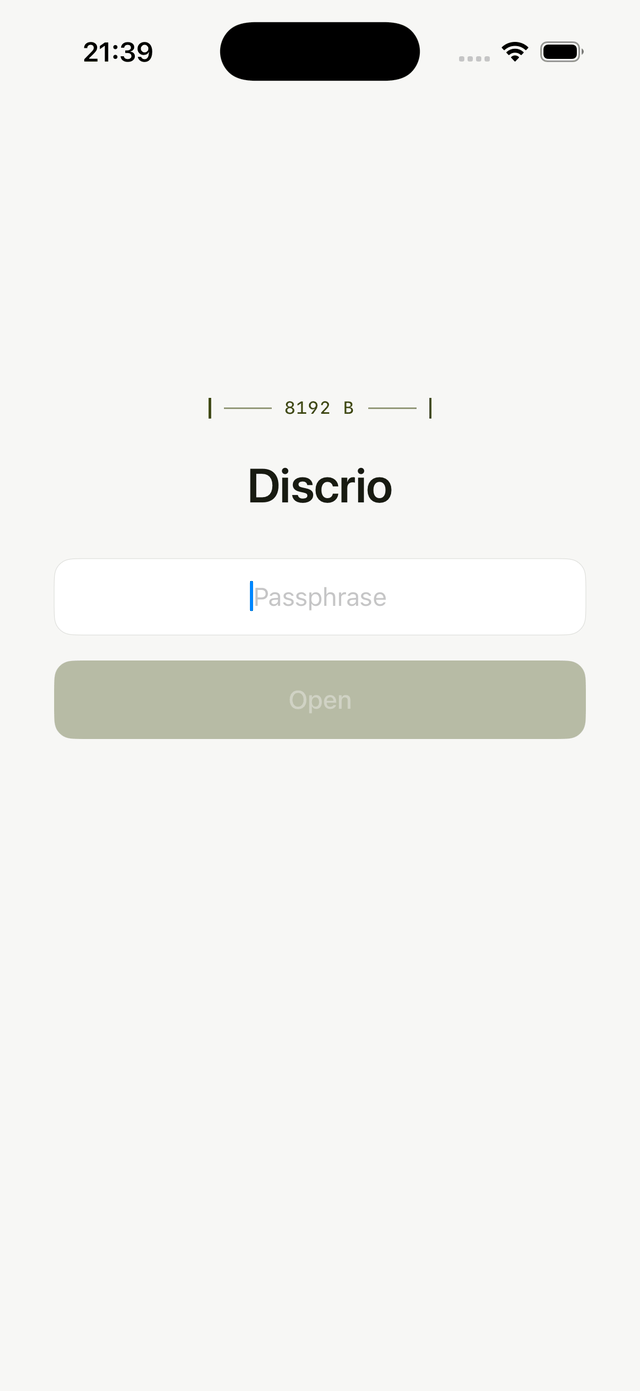 The Discrio lock screen: the wordmark, a dimension line reading 8192 B, and a single passphrase field.