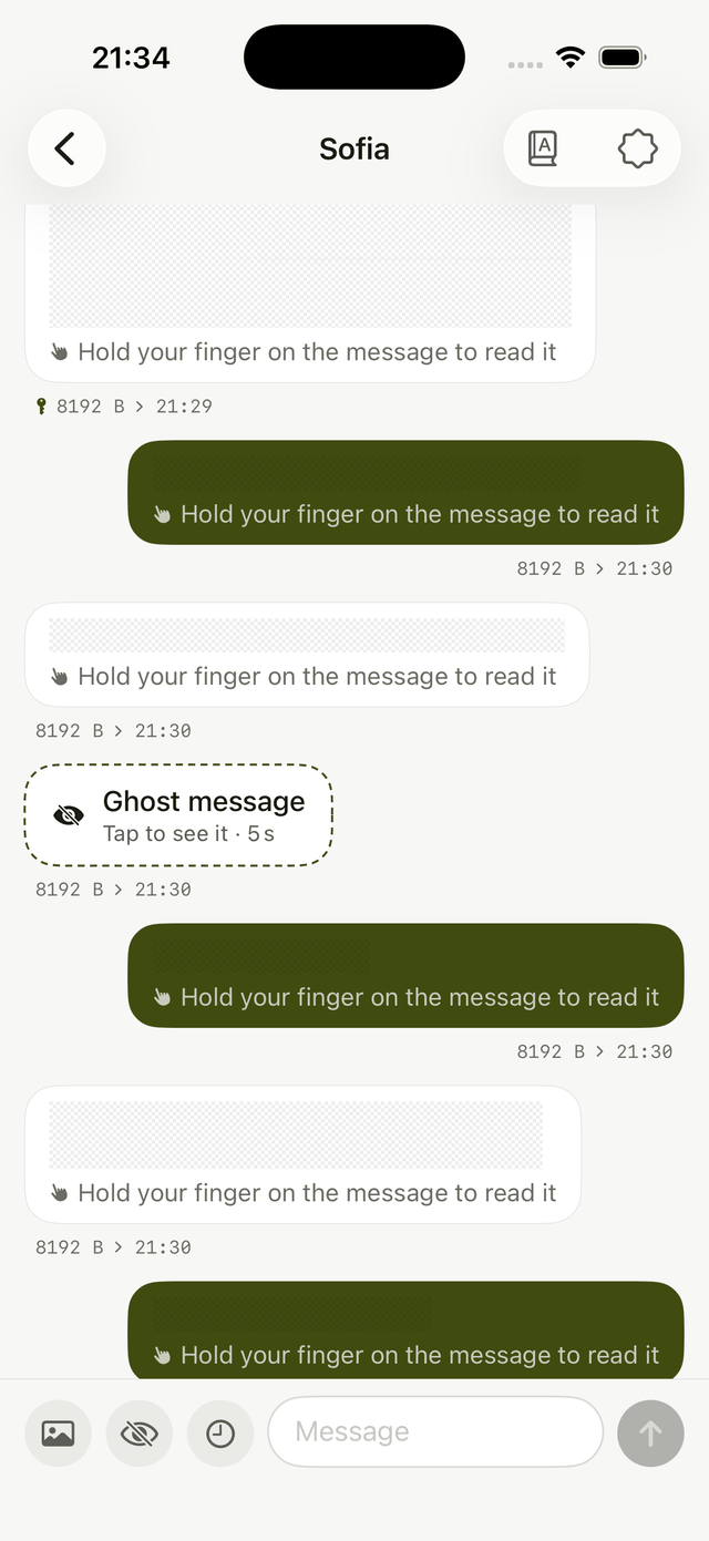 A Discrio conversation with against-the-camera mode on: every message is covered by a fine grey mask, each bubble reading Hold your finger on the message to read it.