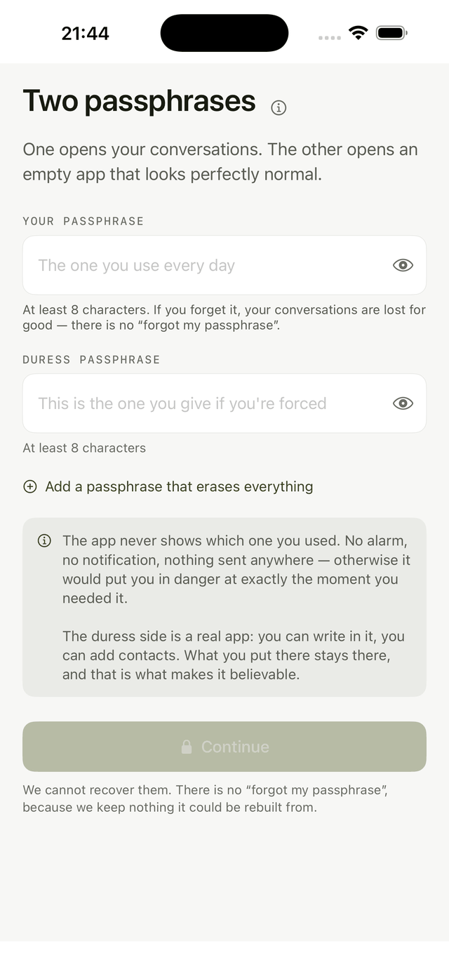 The Two passphrases screen, with a field for the everyday passphrase and one for the duress passphrase, and an option to add a passphrase that erases everything.