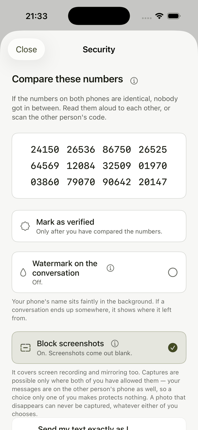 The per-conversation security screen: twelve five-digit safety numbers, a Mark as verified row, a watermark switch, and Block screenshots switched on.